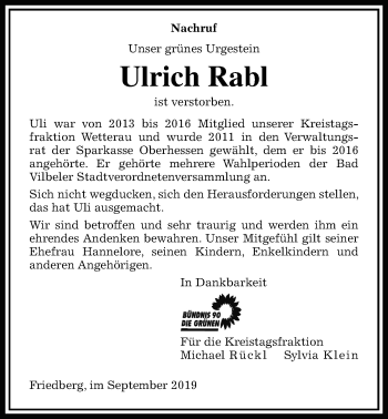 Traueranzeige von Ulrich Rabl von Wetterauer Zeitung