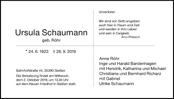 Traueranzeige von Ursula Schaumann von Giessener Allgemeine, Alsfelder Allgemeine