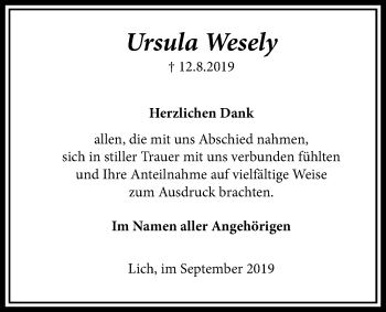 Traueranzeige von Ursula Wesely von Licher Wochenblatt
