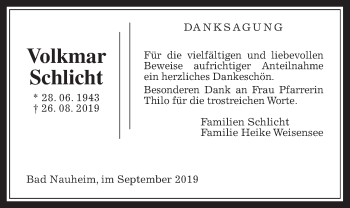 Traueranzeige von Volkmar Schlicht von Wetterauer Zeitung