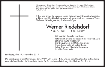 Traueranzeige von Werner Riedelsdorf von Wetterauer Zeitung