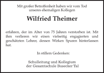 Traueranzeige von Wilfried Theimer von Giessener Allgemeine, Alsfelder Allgemeine