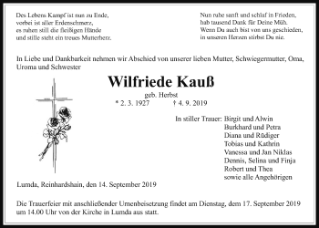 Traueranzeige von Wilfriede Kauß von Giessener Allgemeine, Alsfelder Allgemeine