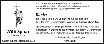 Traueranzeige von Willi Spaar von Giessener Allgemeine, Alsfelder Allgemeine
