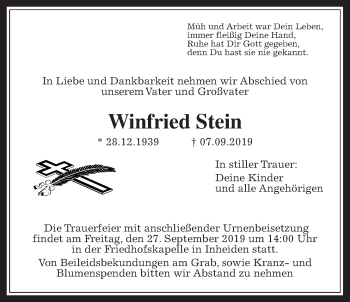 Traueranzeige von Winfried Stein von Laubacher Anzeiger