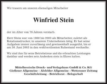 Traueranzeige von Winfried Stein von Giessener Allgemeine, Alsfelder Allgemeine