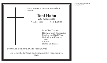 Traueranzeige von Toni Hahn 