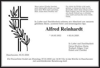 Traueranzeige von Alfred Reinhardt von Giessener Allgemeine, Alsfelder Allgemeine