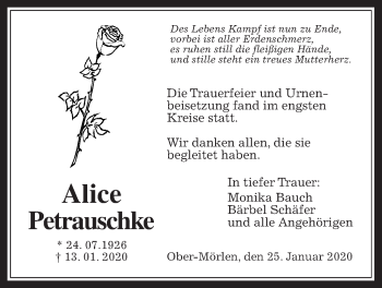 Traueranzeige von Alice Petrauschke von Wetterauer Zeitung