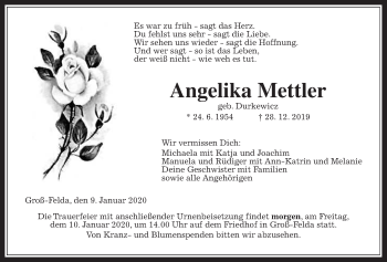 Traueranzeige von Angelika Mettler von Alsfelder Allgemeine