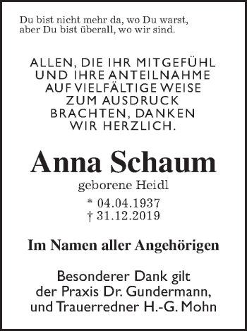 Traueranzeige von Anna Schaum von Wetterauer Zeitung