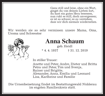 Traueranzeige von Anna Schaum von Wetterauer Zeitung