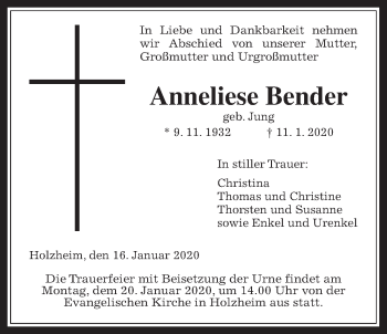 Traueranzeige von Anneliese Bender von Giessener Allgemeine, Alsfelder Allgemeine