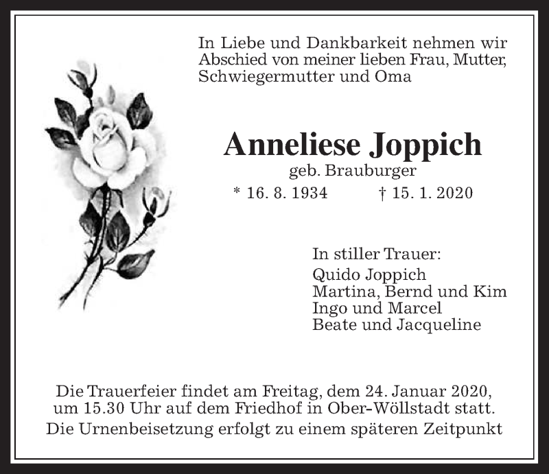  Traueranzeige für Anneliese Joppich vom 18.01.2020 aus Wetterauer Zeitung