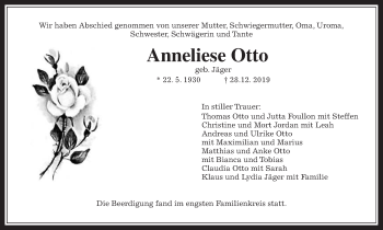 Traueranzeige von Anneliese Otto von Giessener Allgemeine, Alsfelder Allgemeine