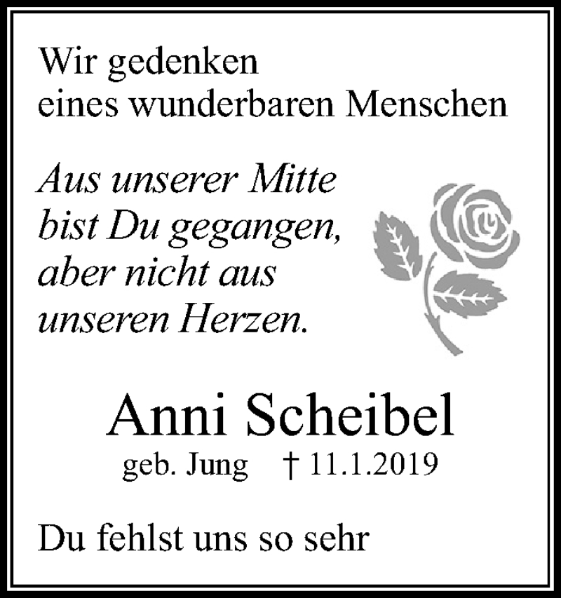  Traueranzeige für Anni Scheibel vom 11.01.2020 aus Wetterauer Zeitung