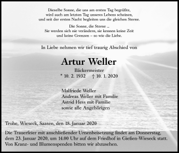Traueranzeige von Artur Weller von Giessener Allgemeine, Alsfelder Allgemeine