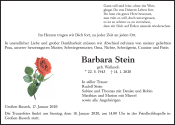 Traueranzeige von Barbara Stein von Giessener Allgemeine, Alsfelder Allgemeine