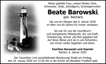 Traueranzeige von Beate Barowski von Bad Vilbel/Karben