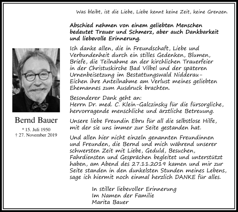  Traueranzeige für Bernd Bauer vom 09.01.2020 aus Bad Vilbel/Karben