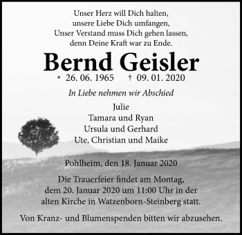 Traueranzeige von Bernd Geisler von Pohlheimer Nachrichten