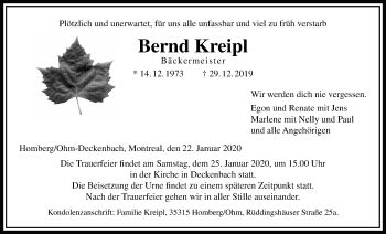 Traueranzeige von Bernd Kreipl von Giessener Allgemeine, Alsfelder Allgemeine