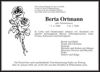 Traueranzeige von Berta Ortmann von Wetterauer Zeitung