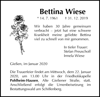 Traueranzeige von Bettina Wiese von Giessener Allgemeine, Alsfelder Allgemeine