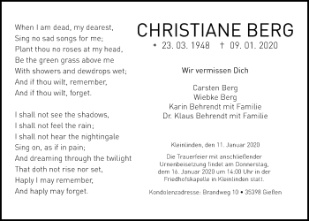 Traueranzeige von Christiane Berg von Giessener Allgemeine, Alsfelder Allgemeine