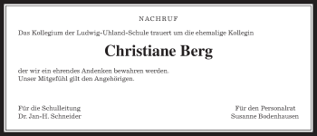 Traueranzeige von Christiane Berg von Giessener Allgemeine, Alsfelder Allgemeine