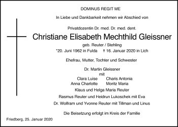 Traueranzeige von Christiane Elisabeth Mechthild Gleissner von Wetterauer Zeitung