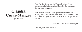 Traueranzeige von Claudia Cujas-Menges von Wetterauer Zeitung, Giessener Allgemeine, Alsfelder Allgemeine