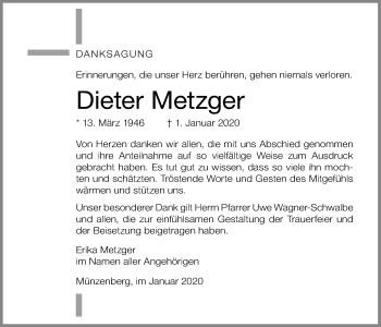 Traueranzeige von Dieter Metzger von Wetterauer Zeitung, Giessener Allgemeine, Alsfelder Allgemeine