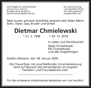 Traueranzeige von Dietmar Chmielewski von Giessener Allgemeine, Alsfelder Allgemeine