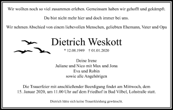 Traueranzeige von Dietrich Weskott von Bad Vilbel/Karben