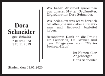 Traueranzeige von Dora Schneider von Wetterauer Zeitung