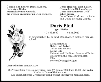 Traueranzeige von Doris Pfeil von Alsfelder Allgemeine