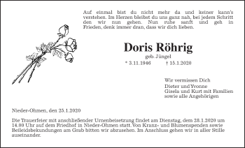 Traueranzeige von Doris Röhrig von Alsfelder Allgemeine