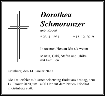 Traueranzeige von Dorothea Schmoranzer von Giessener Allgemeine, Alsfelder Allgemeine