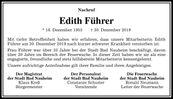 Traueranzeige von Edith Führer von Wetterauer Zeitung