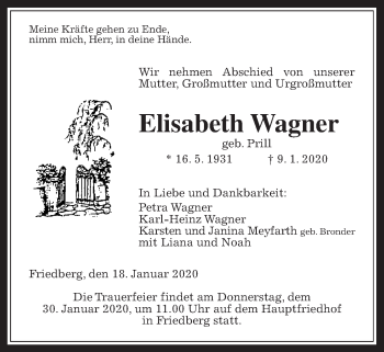 Traueranzeige von Elisabeth Wagner von Wetterauer Zeitung