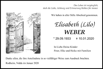 Traueranzeige von Elisabeth  Weber von Licher Wochenblatt