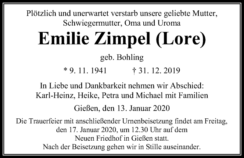  Traueranzeige für Emilie Zimpel vom 13.01.2020 aus Giessener Allgemeine, Alsfelder Allgemeine