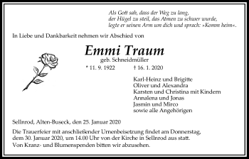 Traueranzeige von Emmi Traum von Alsfelder Allgemeine