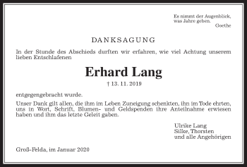 Traueranzeige von Erhard Lang von Alsfelder Allgemeine