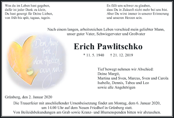 Traueranzeige von Erich Pawlitschko von Giessener Allgemeine, Alsfelder Allgemeine