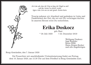 Traueranzeige von Erika Doskocz von Alsfelder Allgemeine