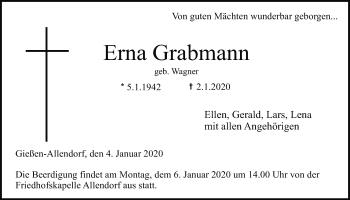 Traueranzeige von Erna Grabmann von Giessener Allgemeine, Alsfelder Allgemeine