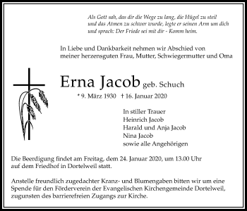 Traueranzeige von Erna Jacob von Bad Vilbel/Karben