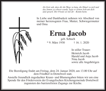 Traueranzeige von Erna Jacob von Wetterauer Zeitung